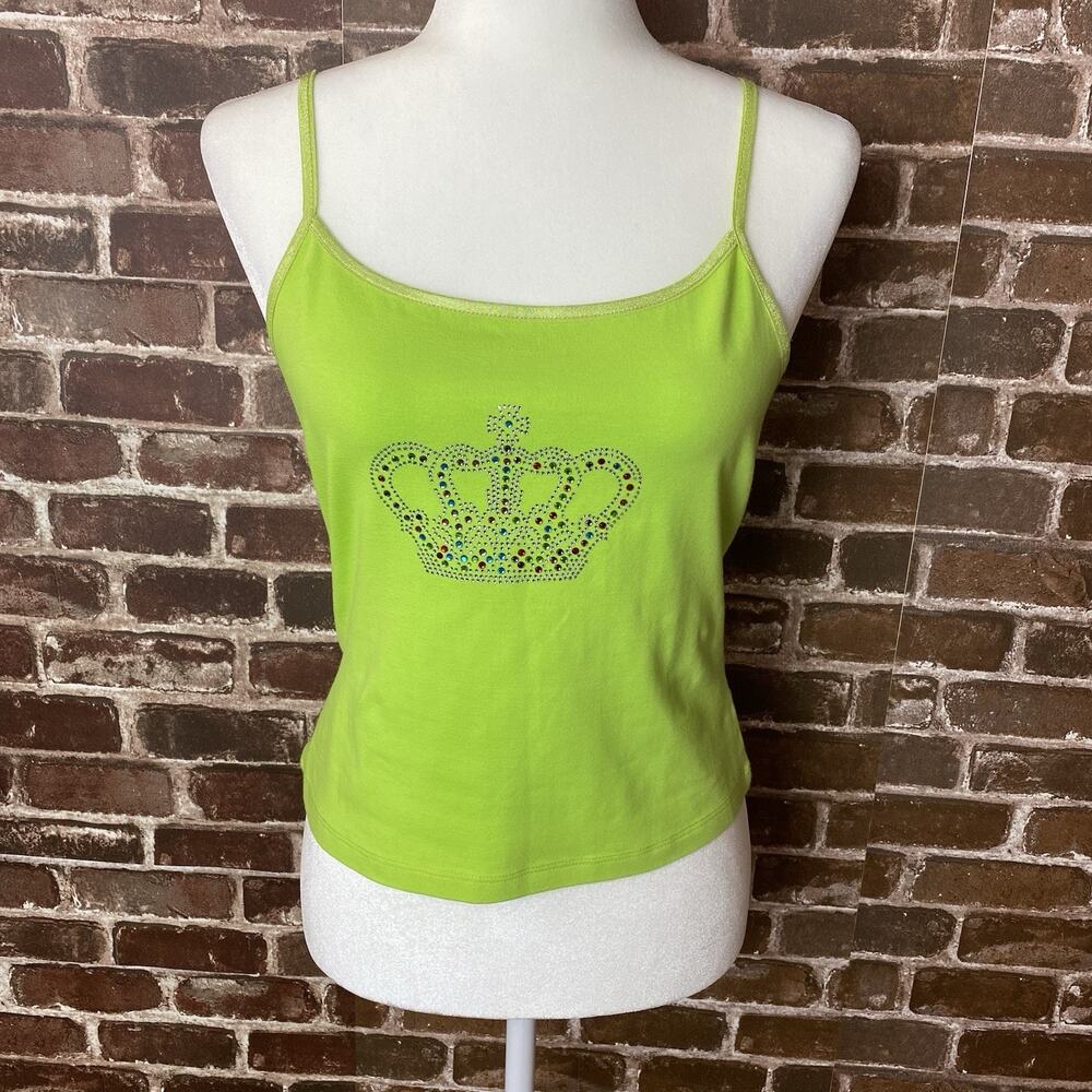 Nally And Millie Y2K Spaghetti Tank Top Rhinestone Crown Lime Green Sz XL